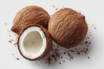 Two whole coconuts and one halved coconut with coconut husk pieces scattered on a white background, viewed from above