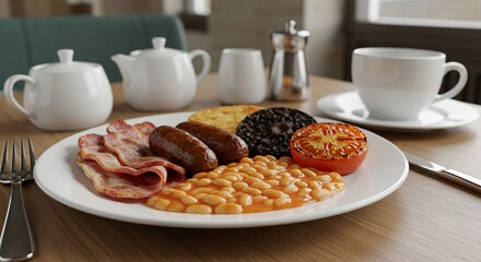 Indulge in a hearty full English breakfast, complete with perfectly cooked bacon, sausages, baked beans, and all the trimmings.