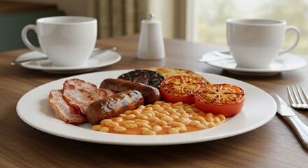 Indulge in a hearty full English breakfast, complete with sizzling bacon, savory sausages, and perfectly baked beans.