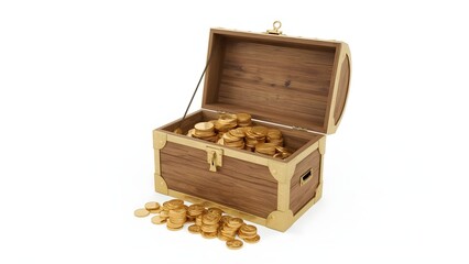 Wooden chest full of gold coins isolated on a white background. pirate