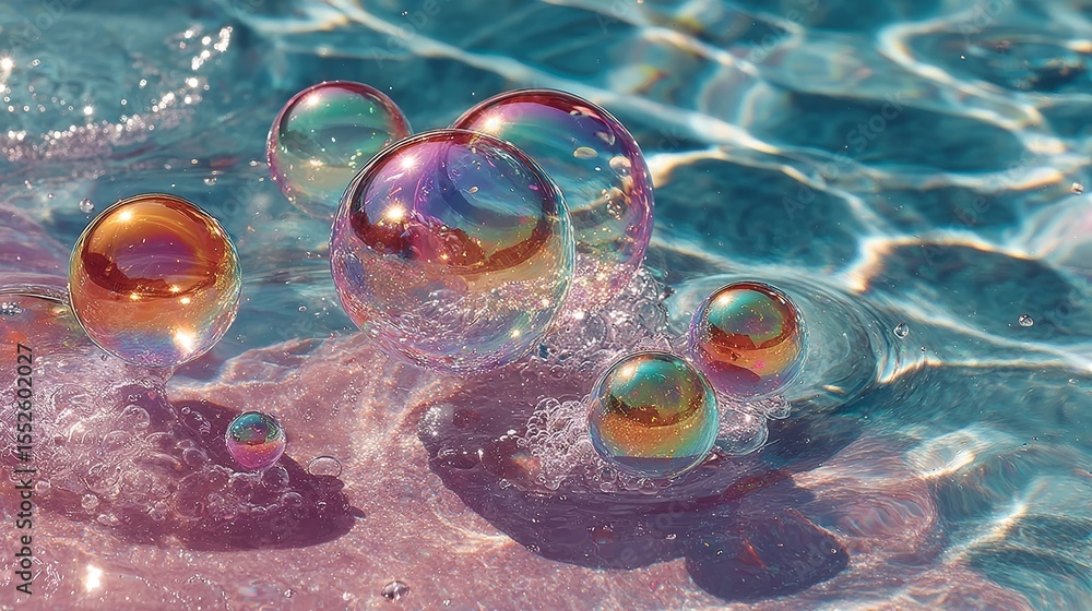 Poster iridescent bubbles floating under clear light blue water with soft reflections and delicate shimmeri