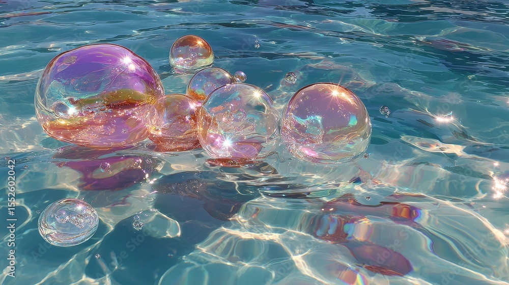 Poster iridescent bubbles floating under clear light blue water with soft reflections and delicate shimmeri