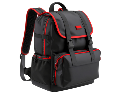 3D Render of Black Urban Backpack with Red Highlights, Isometric View isolated on transparent background PNG