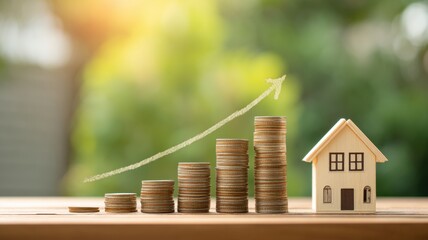 Real Estate Investment Strategy and Property Management. Financial growth concept with stacked coins and a miniature house against a blurred background.