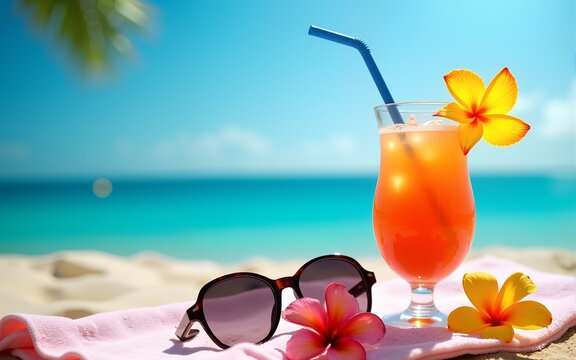 Stylish sunglasses resting on a sun-drenched beach towel, next to a refreshing summer drink and vibrant tropical flowers Perfect for summer vacation and travel promotions , sunshine, relax, blue