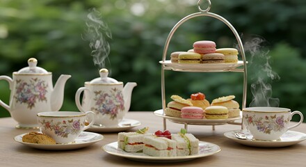 Elegant Afternoon Tea Set with Delicate Treats and Steaming Cups