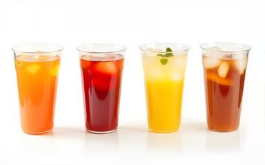 Four refreshing drinks in plastic cups isolated on white background. High quality