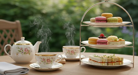 Indulge in a delightful afternoon tea party amidst a serene garden setting.