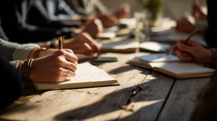 Office workers engaged in a team meeting, actively discussing ideas and strategies. Professional environment with teamwork, collaboration, and communication in focus.
