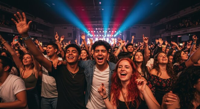 Energetic crowd enjoying a live music concert with arms raised high in a dynamic indoor setting illuminated by bright stage lighting - Powered by Adobe
