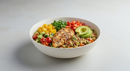 Savor the vibrant flavors of this healthy quinoa bowl, featuring grilled chicken, avocado, and a medley of fresh vegetables.