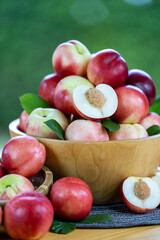 Sweet fruit, fresh Red Nectarine on a natural green background.