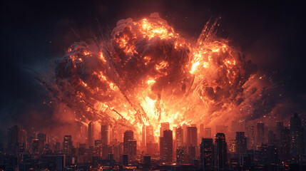 A dramatic depiction of a nuclear bomb explosion in a city, showing a massive mushroom cloud and urban devastation. Symbol of war, destruction, and catastrophe.