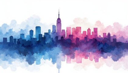 Obraz premium A watercolor skyline of a city with a blend of blue and pink hues