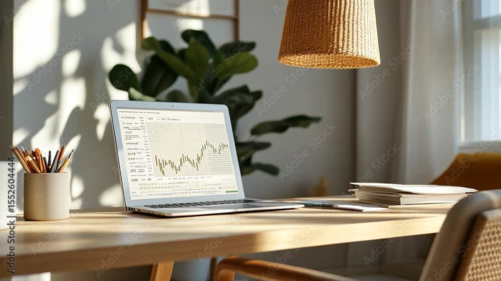Poster workspace interior with laptop stock chart display near a window with sunlit wooden table and woven 