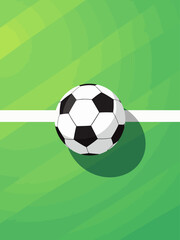 Obraz premium Soccer ball lying on green field near white line top view