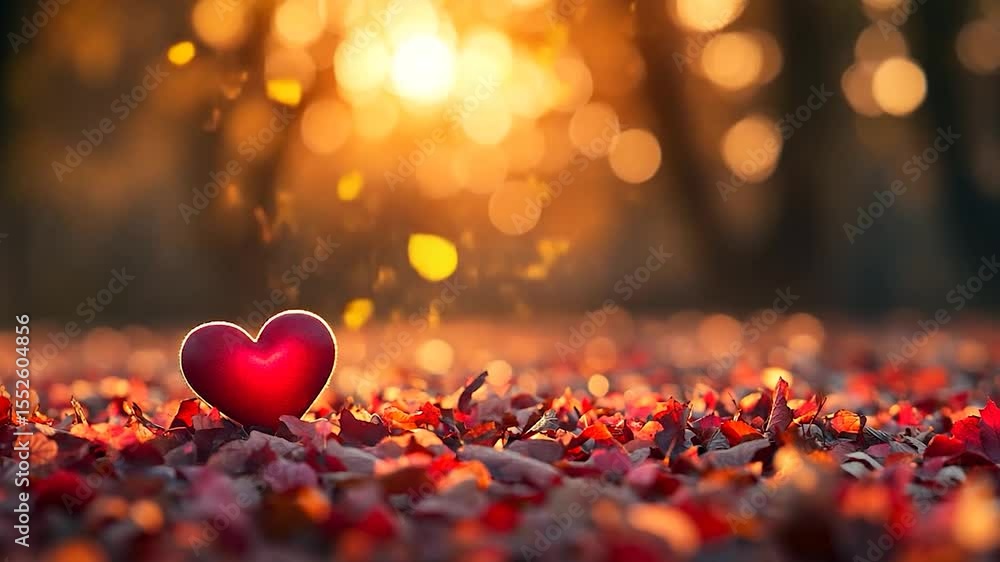 Poster red heart surrounded by colorful autumn leaves with golden sunlight and bokeh background