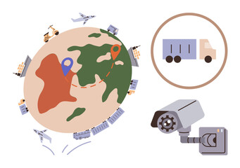 Planet with shipping routes marked by GPS pins, surrounded by transport vehicles. Freight truck in bubble, surveillance camera highlighting logistics safety. Ideal for logistics, shipping