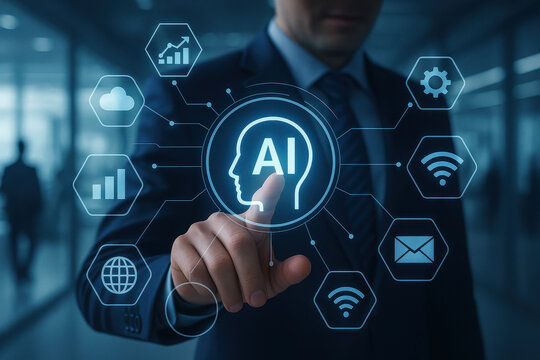 Artificial intelligence virtual assistant smart digital technology futuristic interface dashboard control command agent analysis datum business assistant concept with businessman pointing