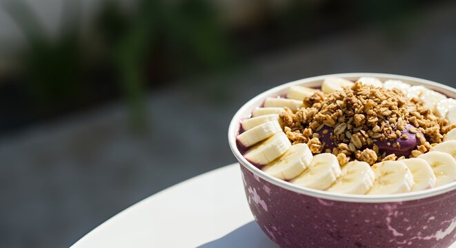 Sun-drenched Acai Bowl Topped with Granola and Bananas