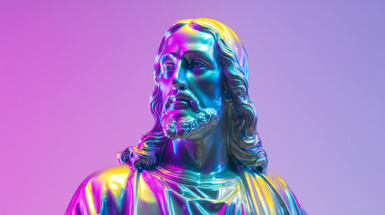 A Jesus statue with glossy plastic texture, vibrant neon colors, and chrome finish, combining spirituality with futuristic pop-art aesthetic.