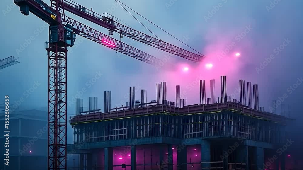 Poster construction site with cranes and buildings in fog illuminated by pink lights creating moody atmosph