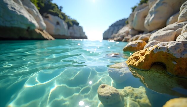 A serene beach with clear blue water and rocky cliffs in the background