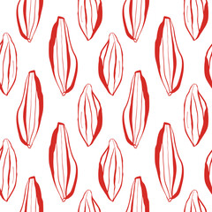Modern red botanical pattern with linear pods on white background for fashion textile surface print and decorative design