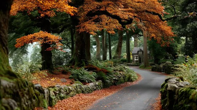 Autumnal Pathway Winding Through Mossy Stone Walls and Copper Beech Canopy