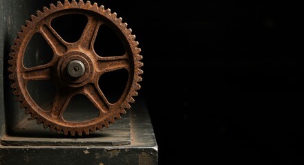Fototapeta premium Minimalist and emotional photo of rusted gears on a metal plate, styled with clean and modern visuals, no text, soft lighting, unusual camera angles, for historical content or wartime advertising