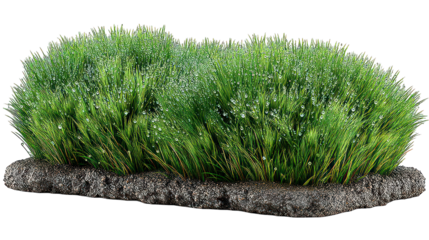 Grassy clumps with dew, dark soil, isolated subject