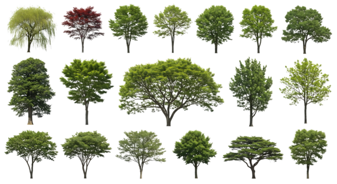 Collection of diverse deciduous trees with lush green foliage isolated on transparent background