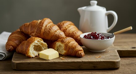 Golden Croissants, Berry Jam, and Butter: A Rustic Breakfast Delight