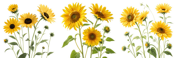 Obraz premium Several yellow sunflowers isolated on transparent background