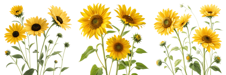 Several yellow sunflowers isolated on transparent background