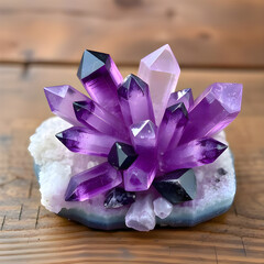 Vibrant Amethyst Cluster on Rustic Wood: Healing & Spiritual Decor