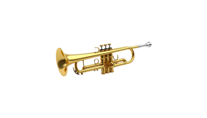 Golden brass trumpet musical instrument isolated on white background.