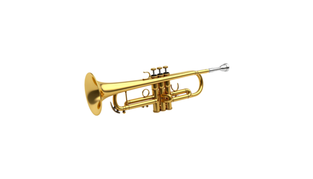Golden brass trumpet musical instrument isolated on white background.
