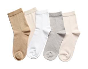 Set of three pairs of cotton socks in beige, white, and gray, transparent background.