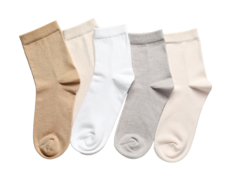 Set of three pairs of cotton socks in beige, white, and gray, transparent background.