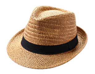 Straw woven summer hat with black band, wide brim design, transparent background.