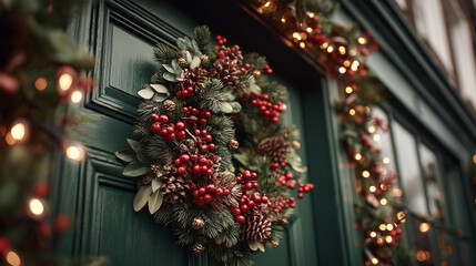Christmas decorations on a front door, featuring a festive wreath and ornaments, creating a warm and welcoming holiday atmosphere at home.