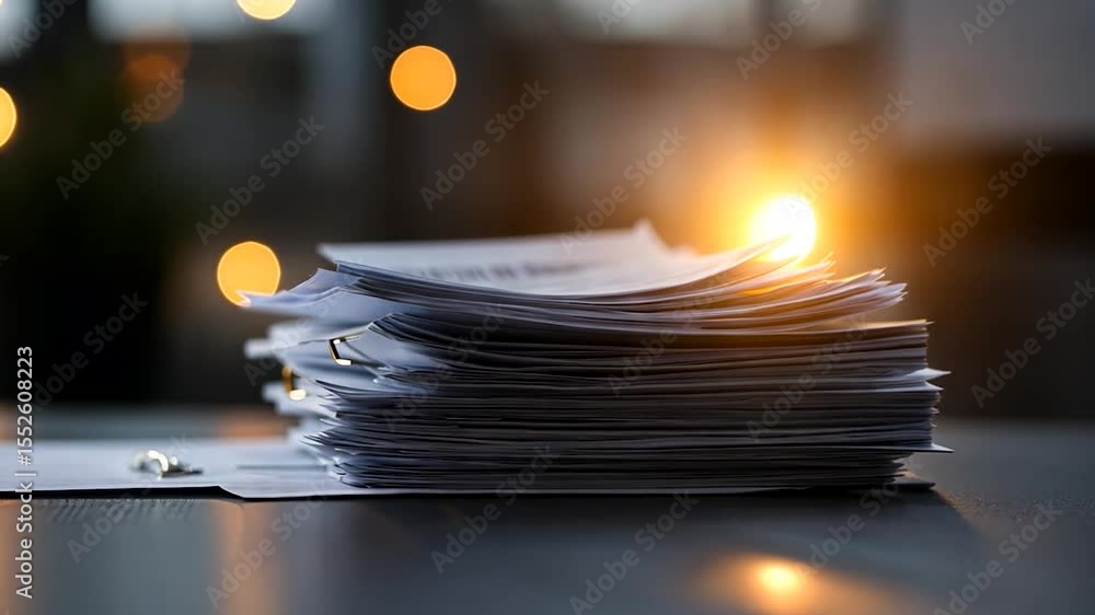 Poster pile of white paper documents illuminated with warm light on dark reflective surface