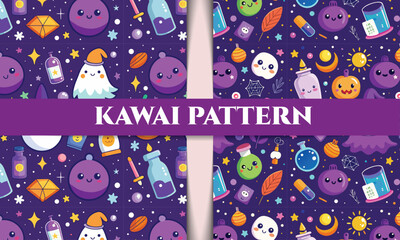 Fototapeta premium Adorable Kawaii Halloween Potion Seamless Patterns Cute Ghost, Pumpkin, and Magical Designs