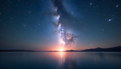 A long exposure shot of a starry night sky over a calm lake with a reflection in the water