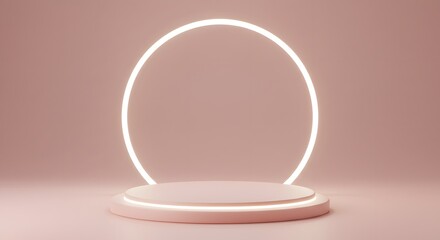 A circular platform with a neon ring on a pink background.