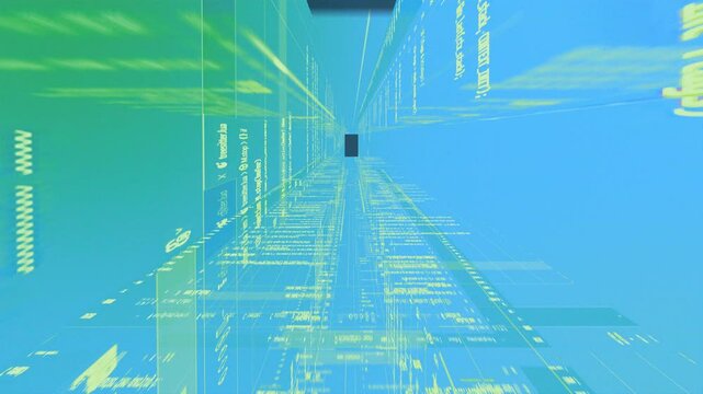 scrolling through data, data server concept animation with coding sheets in perspective, gradient blue green background movements