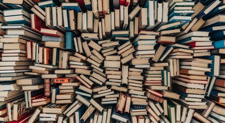 Aerial view showcasing a dense collection of assorted books piled together in a chaotic arrangement