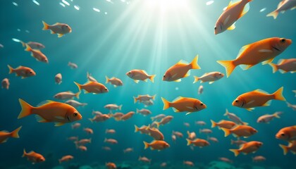 A large group of orange fish swimming in an underwater environment with sunlight filtering through the water