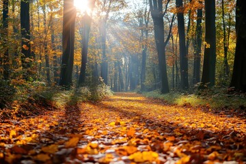 Peaceful forest trail in autumn with radiant light and falling leaves